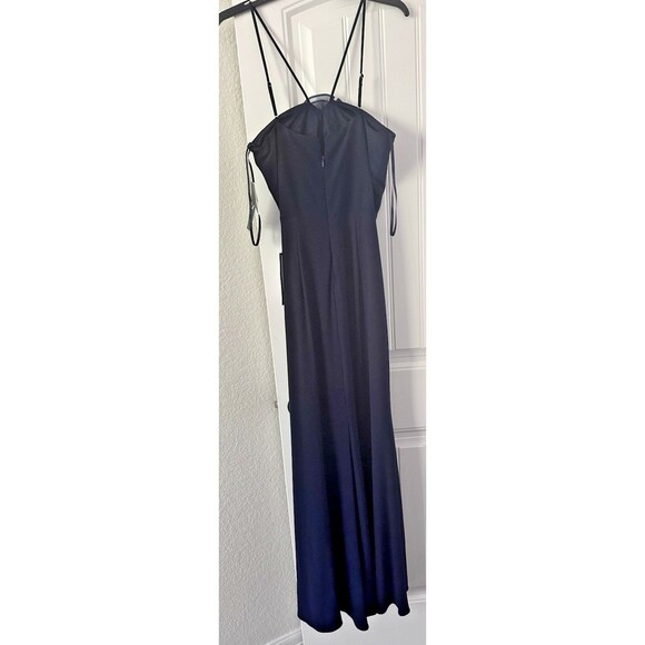 XSCAPE Women's Rosette Halter Gown Sleeveless Front slit Formal Dress Navy 14 - Picture 10 of 11